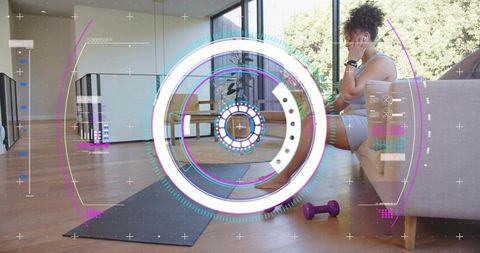Woman using smartphone with ar fitness hud while resting on sofa in sunlit home workout