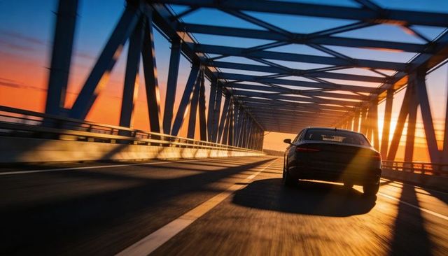 Driving sedan crossing truss bridge at sunset with motion blur and cinematic sun flare