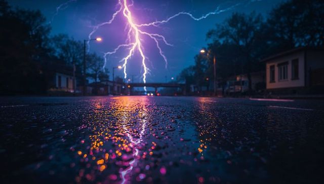 Dramatic Lightning Strike Reflected in Suburban Night Road