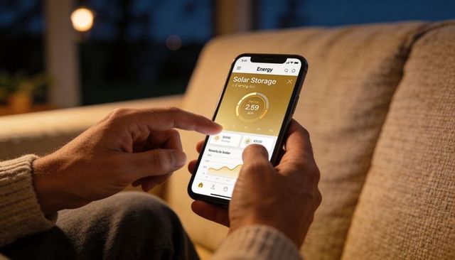 Hands Holding Smartphone Showing Solar Storage App Dashboard Home Energy Monitoring on Couch