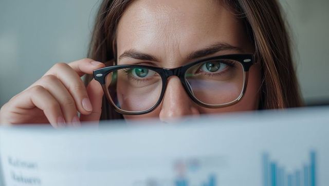 Woman in glasses peering over report, adjusting frames and analyzing charts