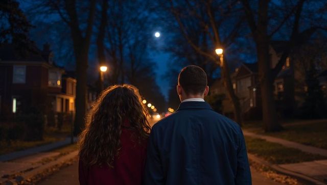 Couple standing on moonlit suburban street