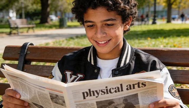Smiling teenage student reading newspaper on sunlit park bench wearing varsity jacket
