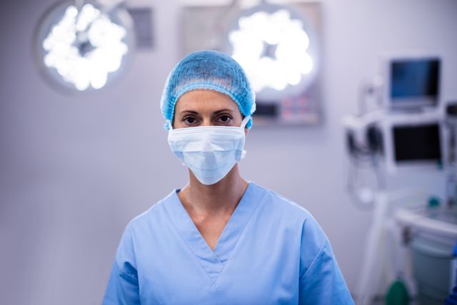 Portrait of female nurse wearing surgical mask in operation theater at hospital