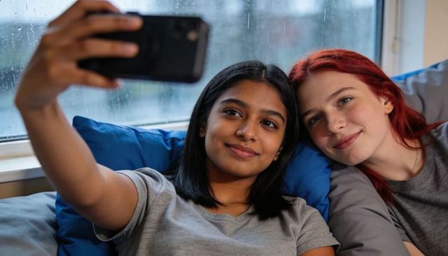 Two friends taking selfie on rainy day, cozy couch moment with cushions and raindrops
