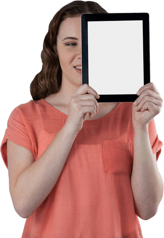Woman Holding Blank Digital Tablet Screen with Transparent Background