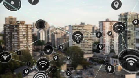 Modern Cityscape with Digital Connection and Data Icons