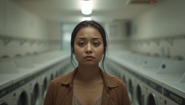 Standing asian woman gazing in laundromat, contemplative minimalist cinematic portrait