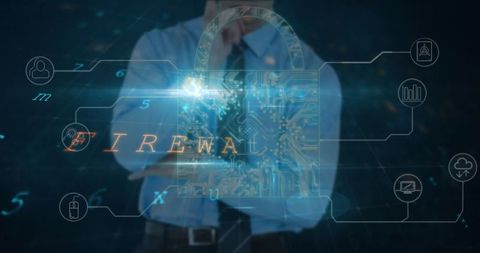 Secure Firewall Network with Digital Interface Over Businessman