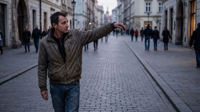 Man walking along historic cobblestone street extending arm toward pedestrians