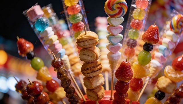 Vibrant carnival skewers featuring candied fruit, sandwich cookies and lollipop towers
