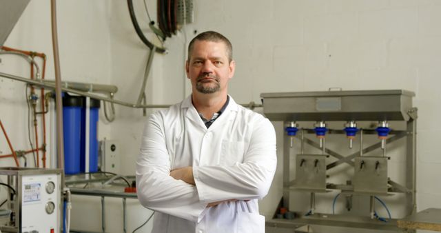 Caucasian man stands confidently in a lab, with copy space. His white lab coat suggests he's a scientist or researcher at work.