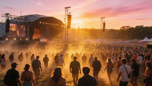 Sunset music festival crowd walking toward main stage through dust and golden light