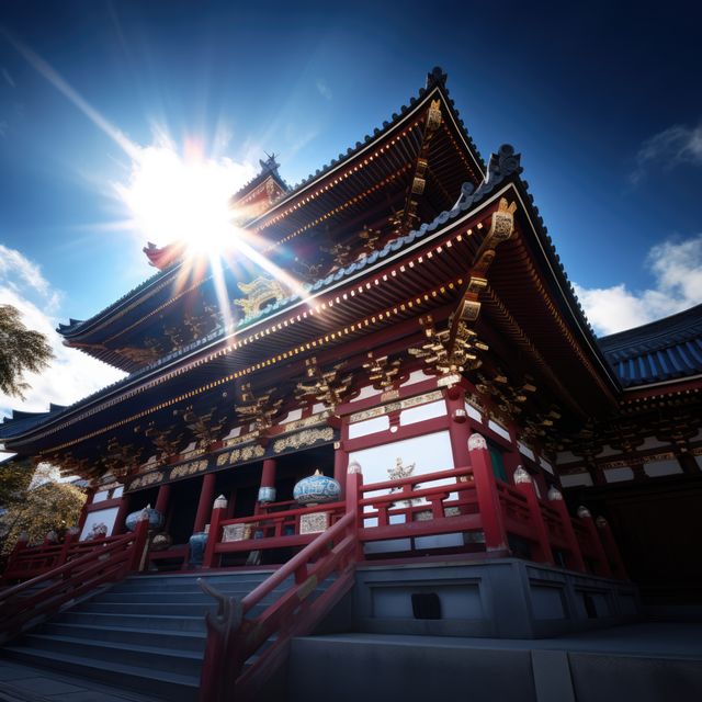 Japanese temple with oriental pattern over blue sky and sun, created using generative ai technology. Architecture, culture, religion and tradition concept digitally generated image.