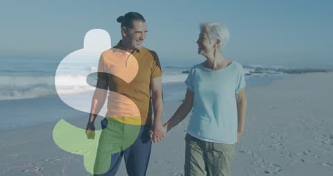 Senior Couple Walking on Beach with Overlay of Financial Symbols