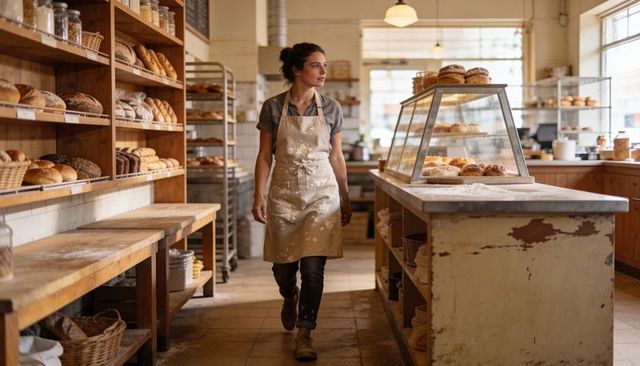 Woman baker walking through rustic bakery lined with fresh bread and pastries