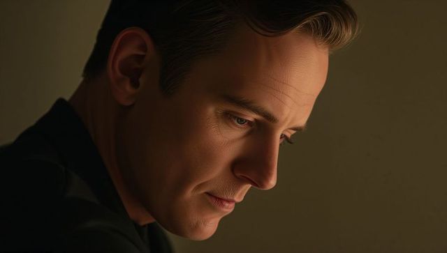 Contemplative Man Tilting Head Downward in Warm Studio Lighting Closeup Profile Portrait