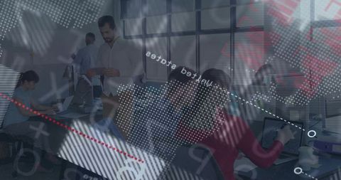 Professionals Analyzing Tablet with Data Overlays in Office