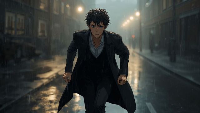 Rain-soaked detective sprinting down wet urban street at night, long coat, urgent motion