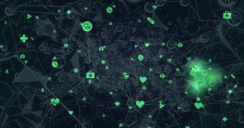 Glowing neon-green network connecting healthcare and security receding into data tunnel