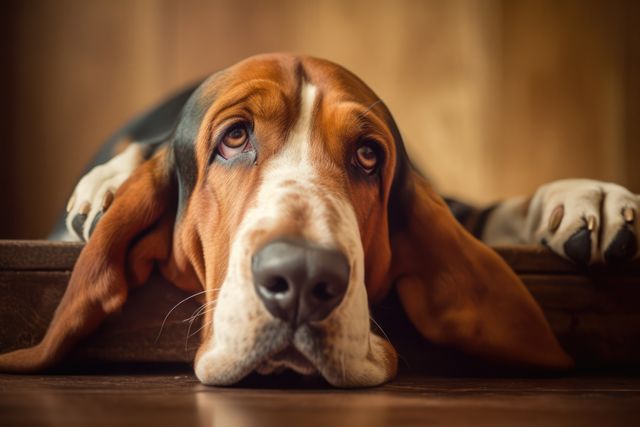 Portrait of cute basset hound lying on wooden floor, created using generative ai technology - Download Free Stock Photos Pikwizard.com