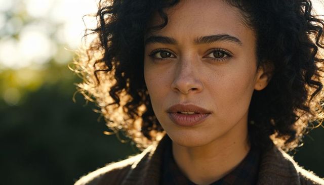 Thoughtful woman with curly hair backlit by golden hour sun, closeup natural portrait