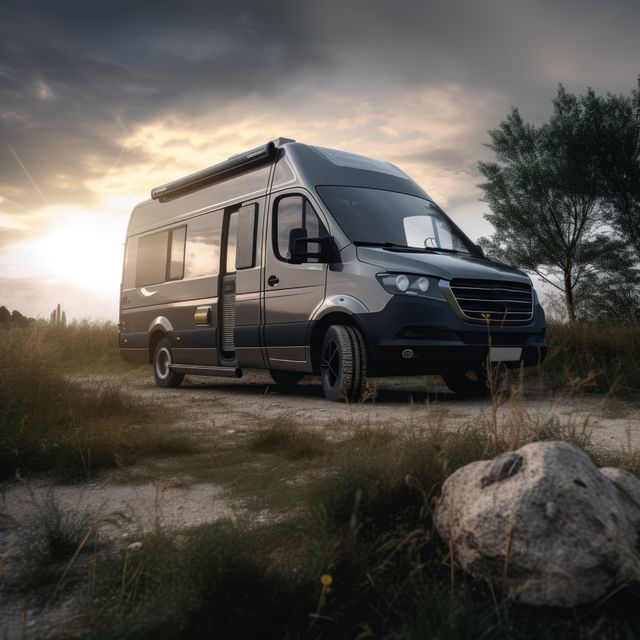 Grey camper van with sunlight and trees in forest created using generative ai technology. Transport, travel and camping concept digitally generated image.