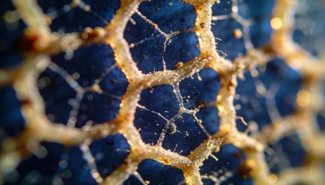 Macro honeycomb network of translucent filaments and droplets on deep blue bokeh background