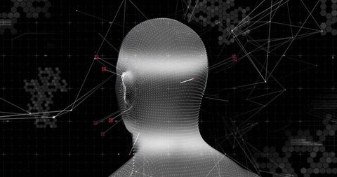 3D Mesh Head in Futuristic Digital Network Interface