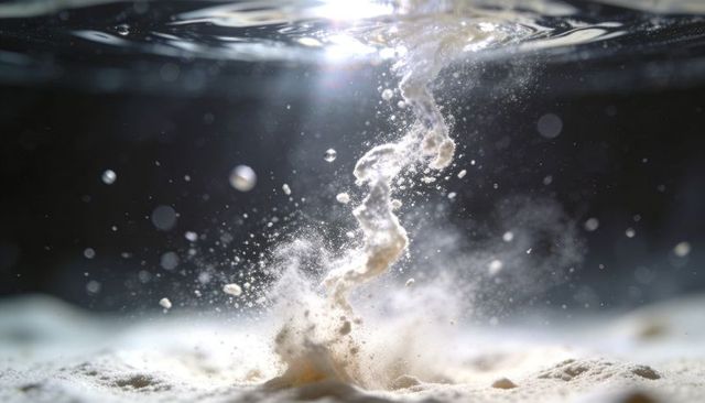 Rising Spiral Sediment Plume Swirling Underwater with Suspended Particles and Bokeh