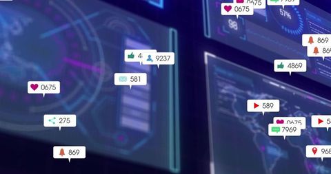 Holographic analytics dashboard with floating social notifications in futuristic hud ui
