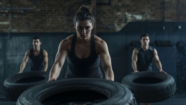 Determined woman engaging in tire flipping exercise for strength training