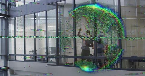 Coworkers sharing smartphone behind glass with colorful digital glitch globe overlay