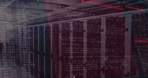 Neon Data Center Aisle with Server Racks, Cabinets, Patch Panels, Ladder and Code Overlay