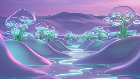 Luminous Bubble Mushrooms in Alien Valley Landscape