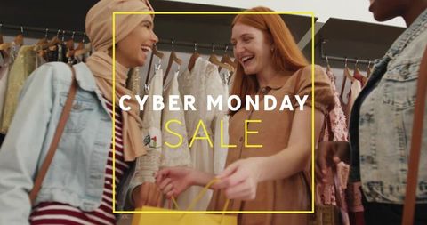 Friends shopping cyber monday boutique sale with hijab fashion and yellow shopping bag