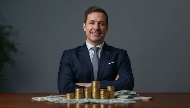 Confident businessman in suit managing wealth with gold coins and cash
