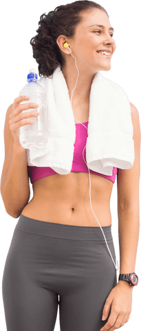 Caucasian Sportswoman Smiling with Towel and Water Bottle