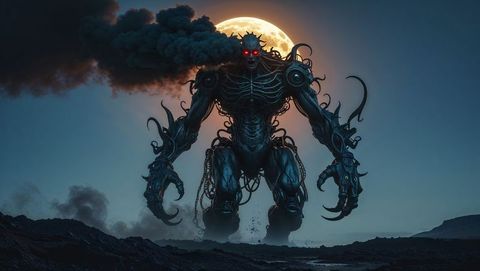 Robotic demon overloading mystical hell energies under moonlight