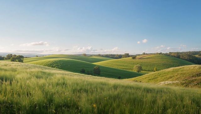 Rolling Green Farmland Hills at Golden Hour with Meadow Grasses and Wildflowers