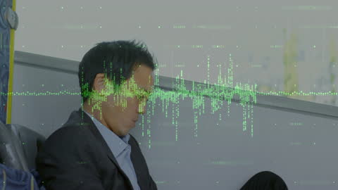 Businessman Overlaid with Digital Financial Data on Commuter Bus