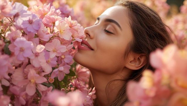 Woman breathing in pink blossom scent during golden hour closeup portrait
