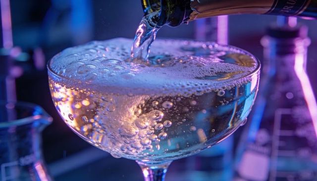 Champagne pouring into coupe glass creating iridescent bubbles and lab beaker glow