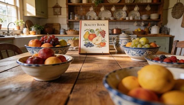Beauty book standing on farmhouse table basking in sunlight with blue ceramic fruit bowls