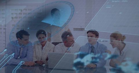 Business Team Collaborating on Digital Strategy with Laptop and Futuristic Data Overlay