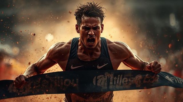 Explosive finish breaking tape muscular sprinter roaring victory in dusty stadium