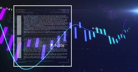 Futuristic dashboard displaying neon hud, candlestick chart and holographic data