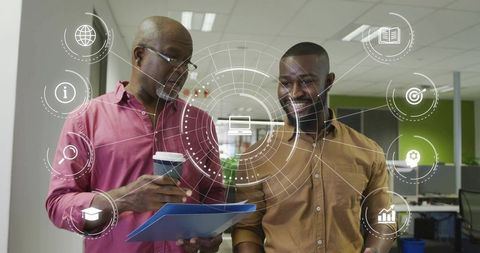 Business Mentoring and Team Collaboration Walking Through Modern Office with Digital HUD