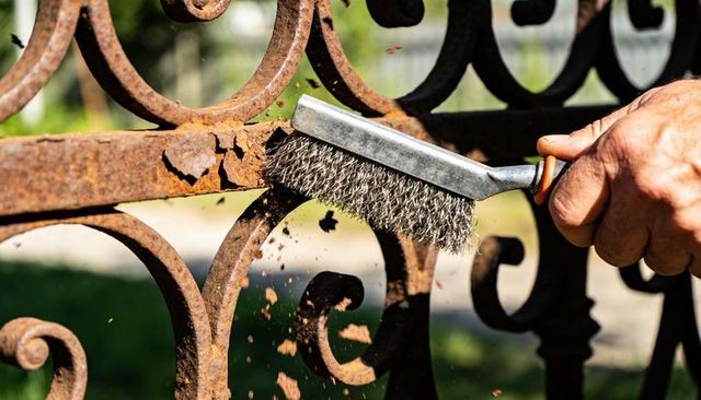 Restoring rusty wrought-iron gate with wire brush in sunny yard removing flaking rust