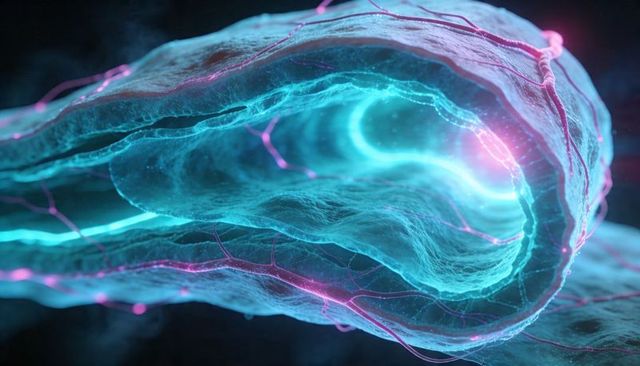 Glowing translucent tissue tube pulsing cyan core with magenta neural filaments and particles